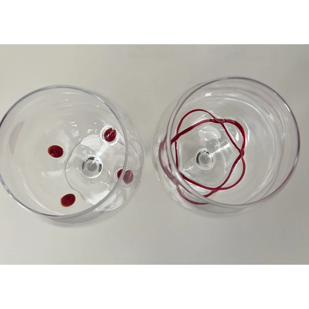 Vintage Set‎ of 2 Pier 1 One Red Swirl Line Dot Balloon Wine Glasses 9 1/2